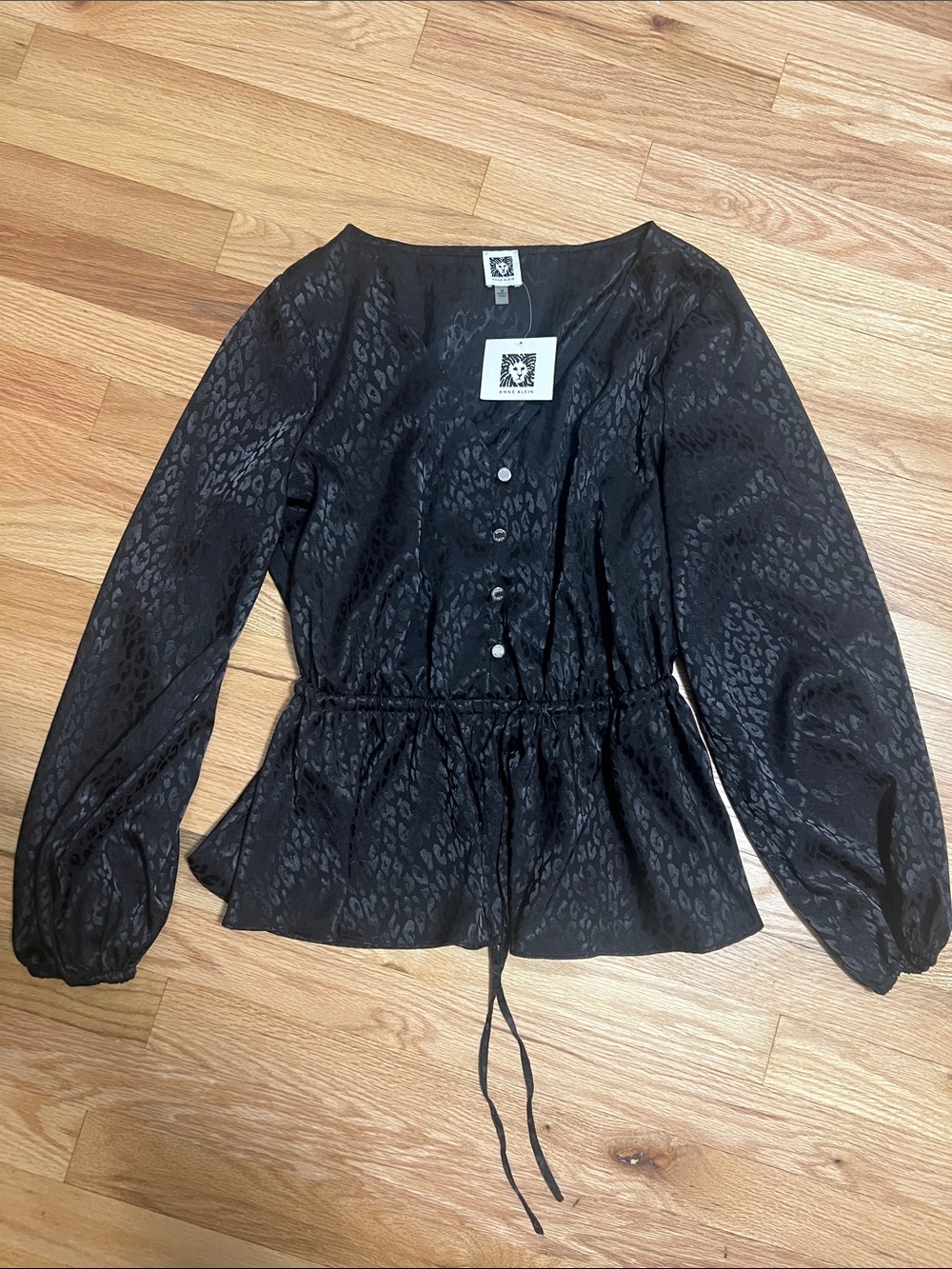 Anne Klein Black Satin Leopard-Texture Drawstring Peplum Blouse